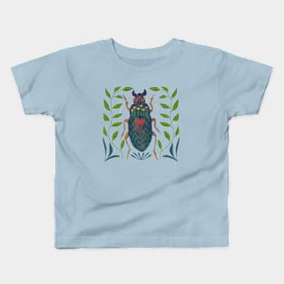 Pretty Whimsical Beetle Insect Art with flowers Kids T-Shirt